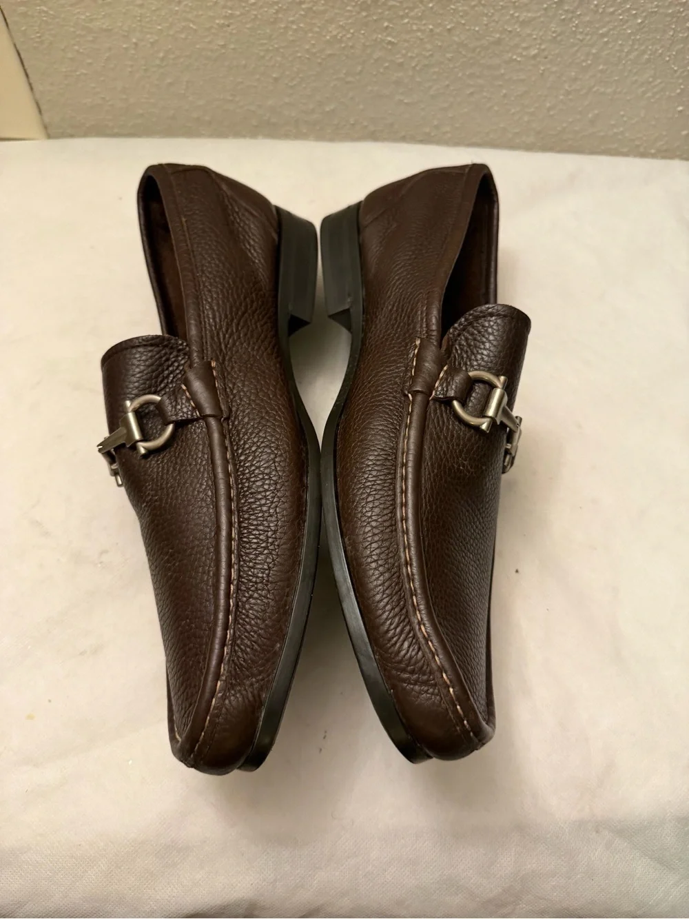 Salvatore Ferragamo Dark Brown Pebbled Leather Bit Loafers, pre-owned,SZ10.5